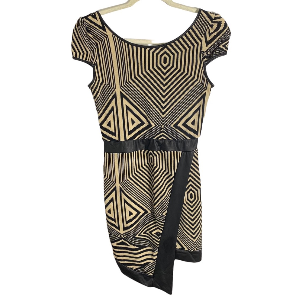 UK2LA Women's Sz M Black Brown Asymmetrical Geometric Mini Dress Faux Leather